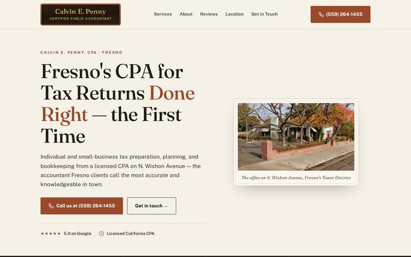 Website design sample for Calvin E. Penny, CPA, a Fresno accounting business