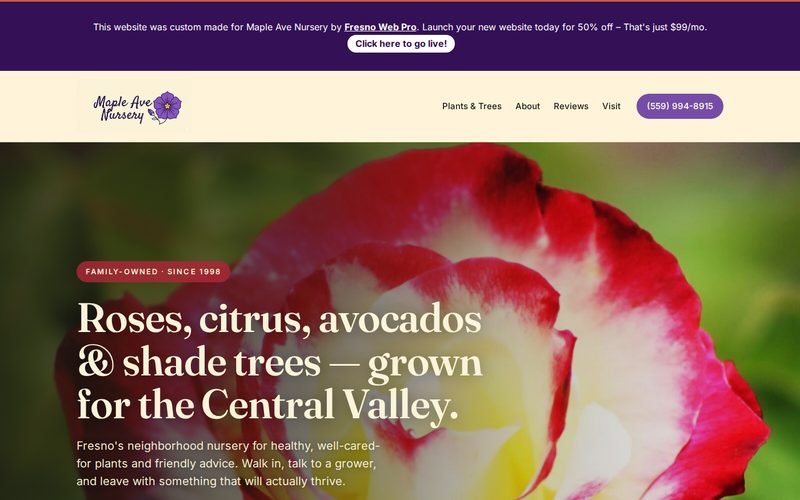 Website design sample for Maple Ave Nursery, a Fresno garden nursery business