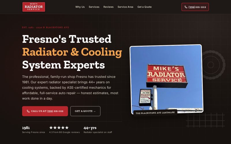 Website design sample for Mike's Radiator Service, a Fresno radiator specialist business