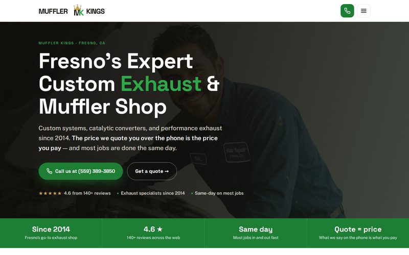 Website design sample for Muffler Kings, a Fresno exhaust & muffler business