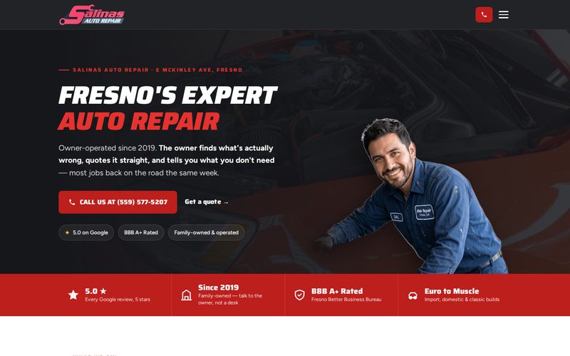 Website design sample for Salinas Auto Repair, a Fresno auto & transmission business