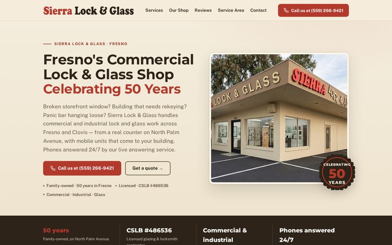 Website design sample for Sierra Lock & Glass, a Fresno locksmith & glass business