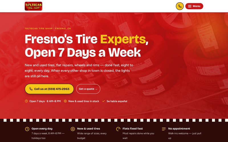 Website design sample for Toltecas Tire Shop, a Fresno tire shop business