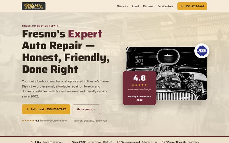 Website design sample for Tower Automotive Repair, a Fresno auto repair business